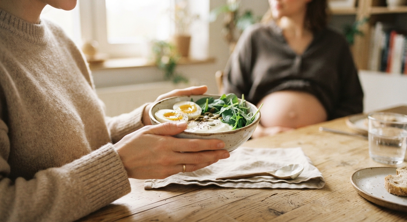 Gestante com alimentos fontes de vitamina B12 na gestação, como ovos e iogurte